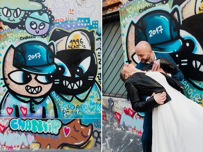 Les mariés s'amusent a danser devant du Street Art à Paris
