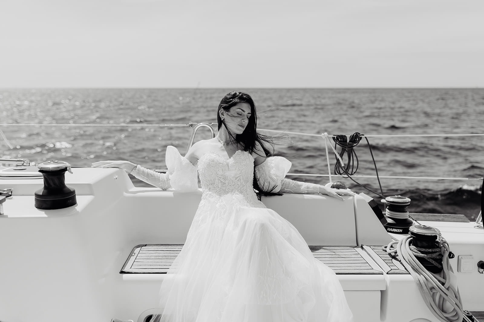 Bride on a boat at a French riviera wedding