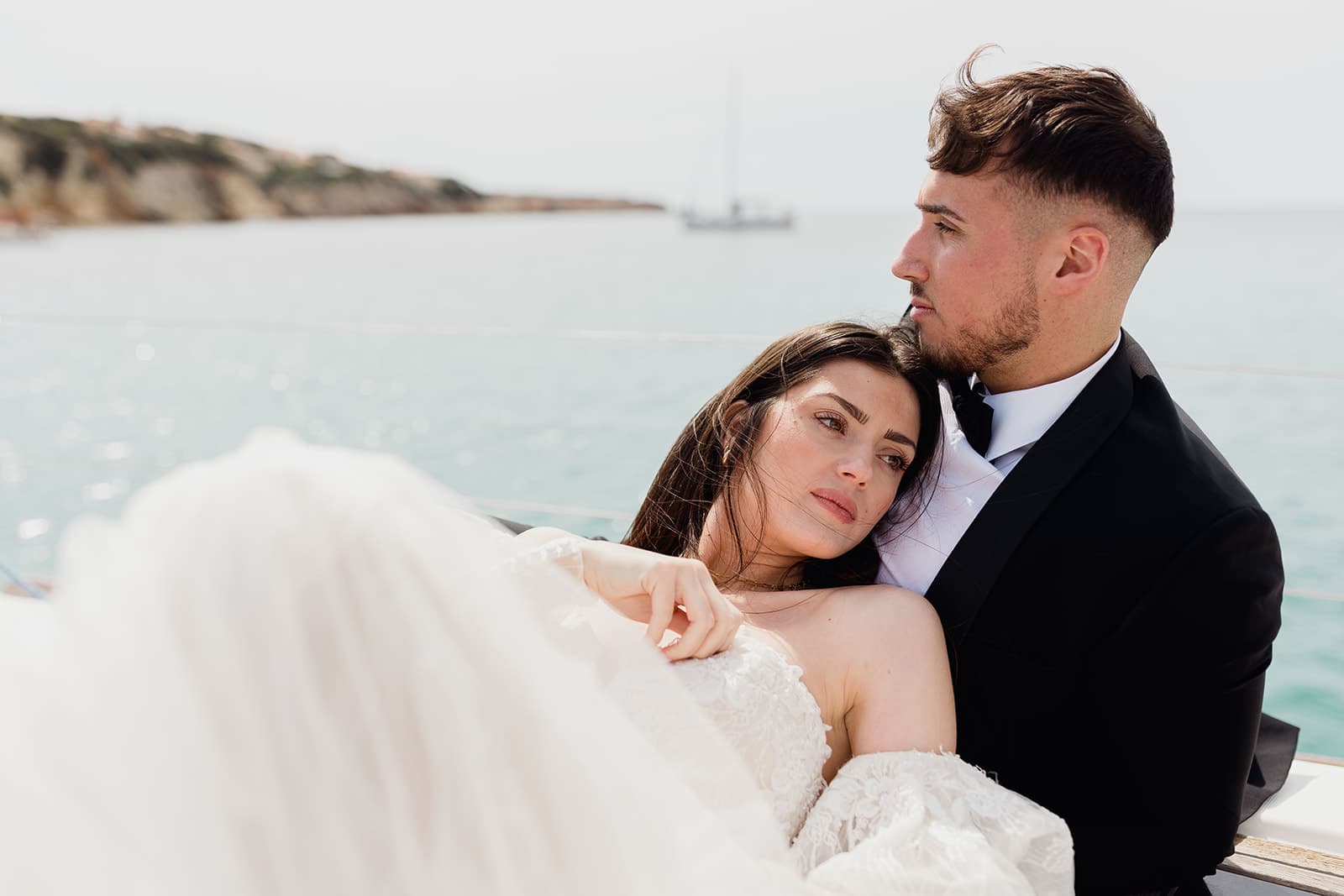 Bride on a boat at a French riviera wedding