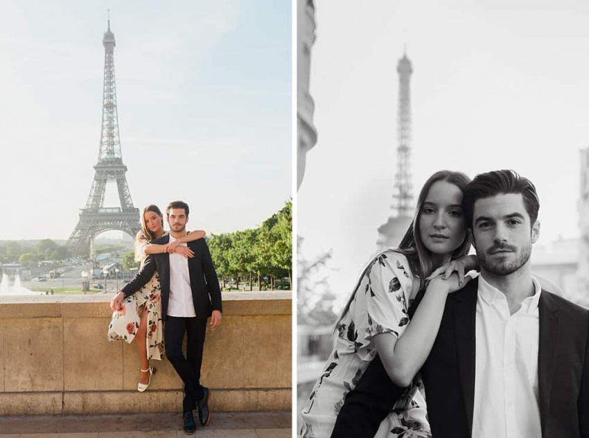 un couple pose au Trocadéro